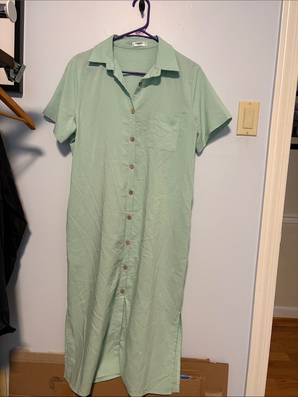 zeagoo Mint Green Button-Front Midi Shirt Dress
